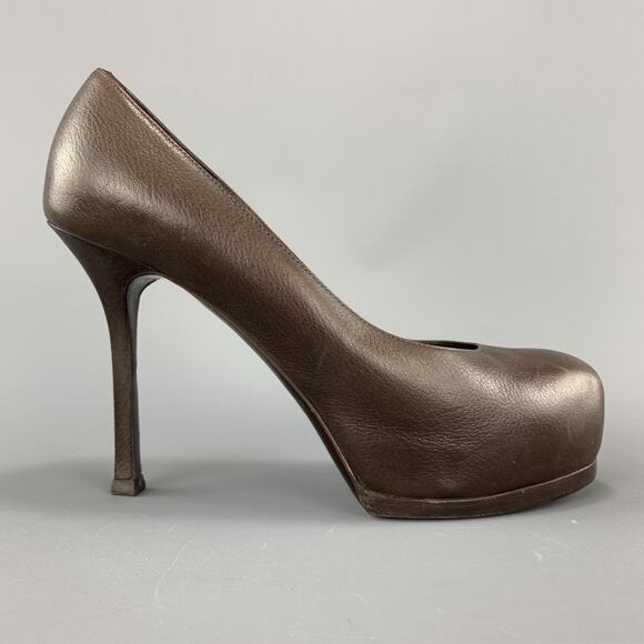 YVES SAINT LAURENT Size 6.5 Brown Leather TRIBUTE Platform Pumps - Picture 1 of 6